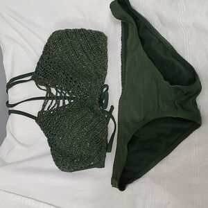 Ika Kul Crocheted Bikini Halter Ties Dark Green W/Gold Thread Size L EUC